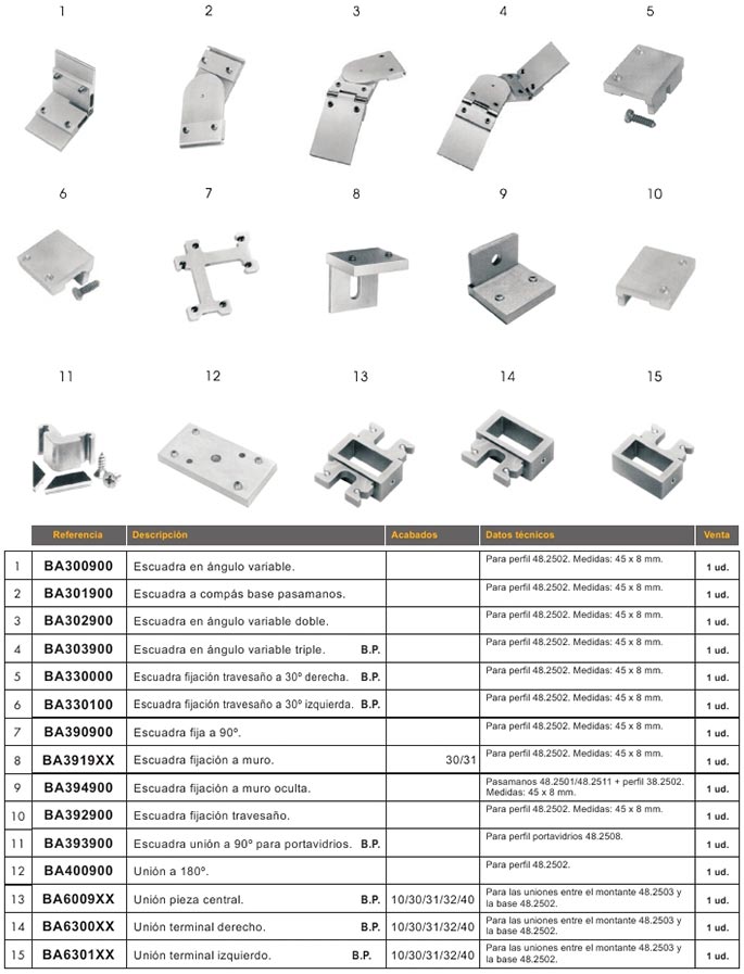 accesorios, aluminio, barandillas, barandas, clasica, union, pasamanos, pinza vidrio, portavidrios, redondo, cuadrado, eliptico, soporte