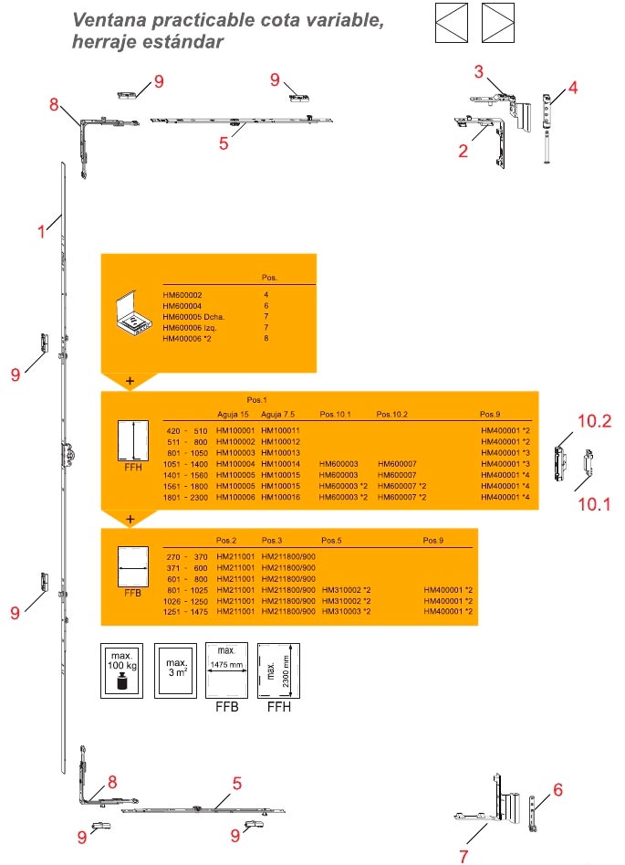 accesorios, aluminio, practicables, canal 16, practicables canal 16, herraje, practicable, cota variable, herraje estandar