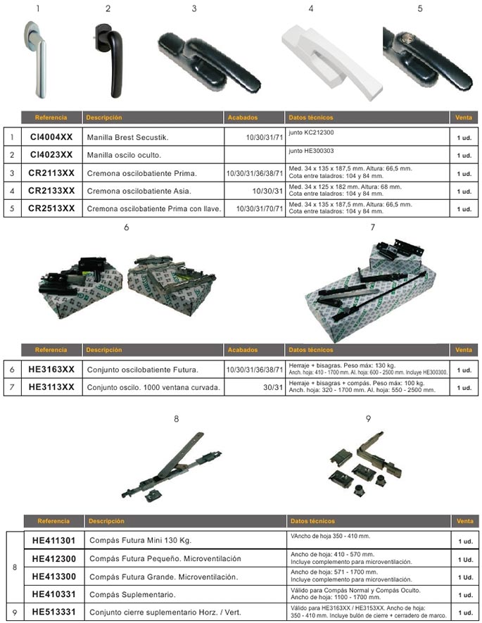 accesorios, aluminio, practicables, canal europeo, oscilobatiente, giesse, cremona, manilla, prima, asia, oscilobatiente futura, futura, compas