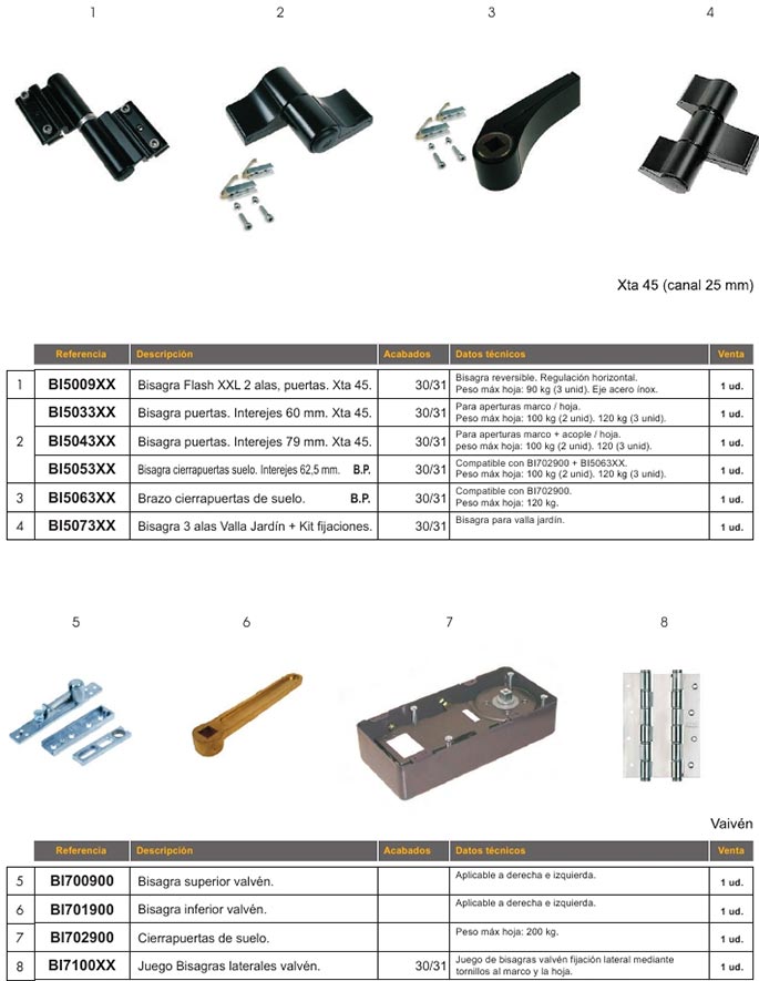 accesorios, aluminio, puertas, bisagras, flash xxl, cierrapuertas suelo, bisagra vaiven, brazo cierrapuertas, bisagras laterales vaiven